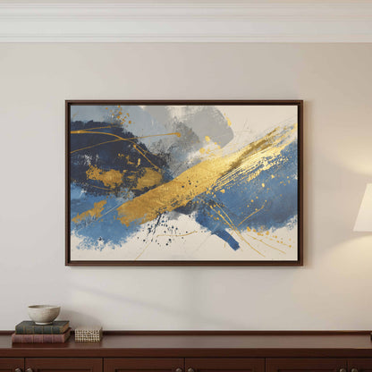 Abstract Gold Blue Canvas Wall Art – styled room view 3