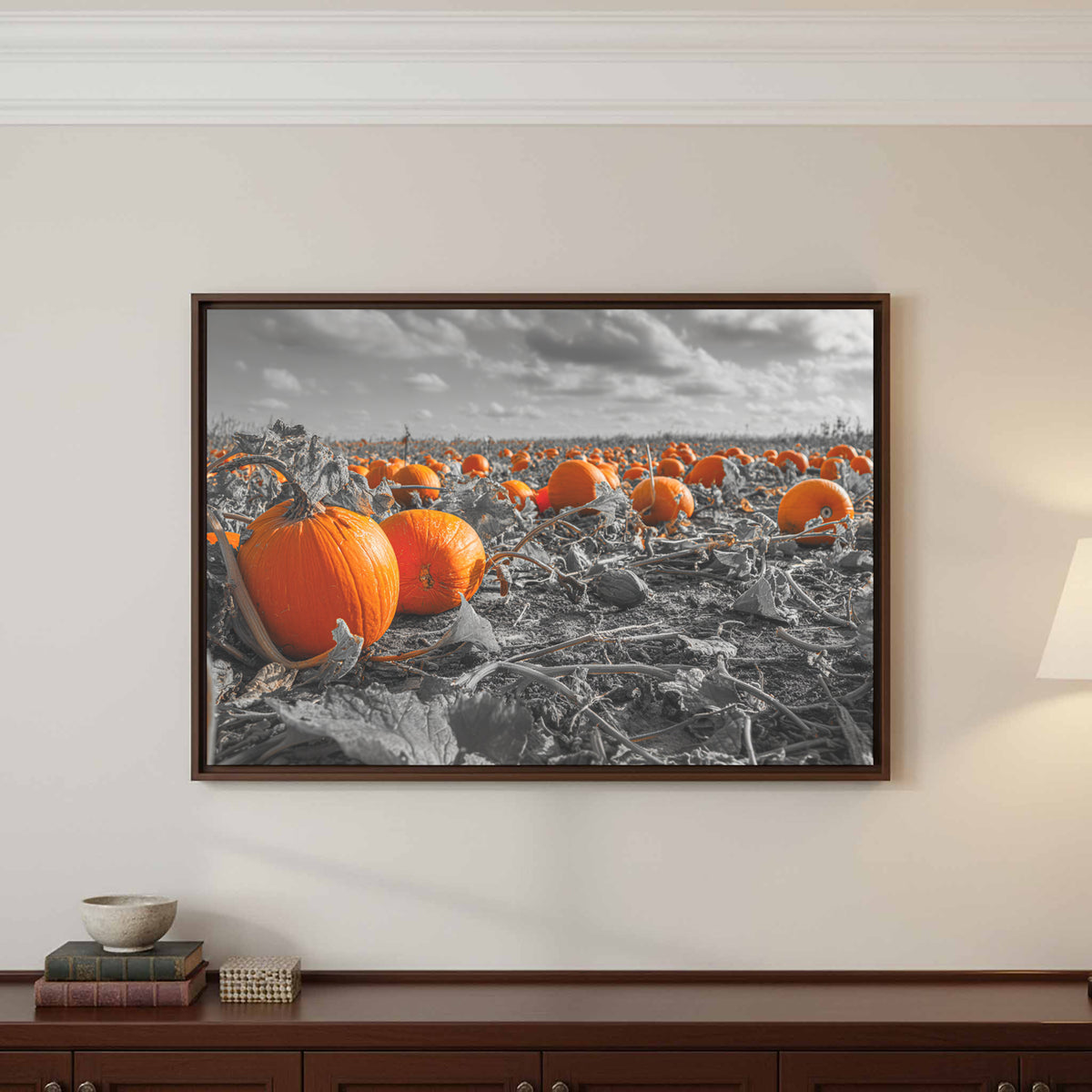 Orange Pumpkin Field Canvas Wall Art – styled room view 6