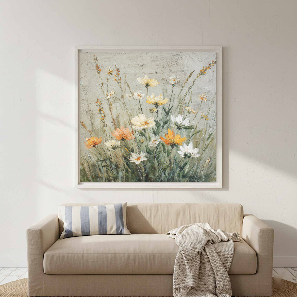 Vintage Wildflower Oil Painting Canvas Art – styled room view 5