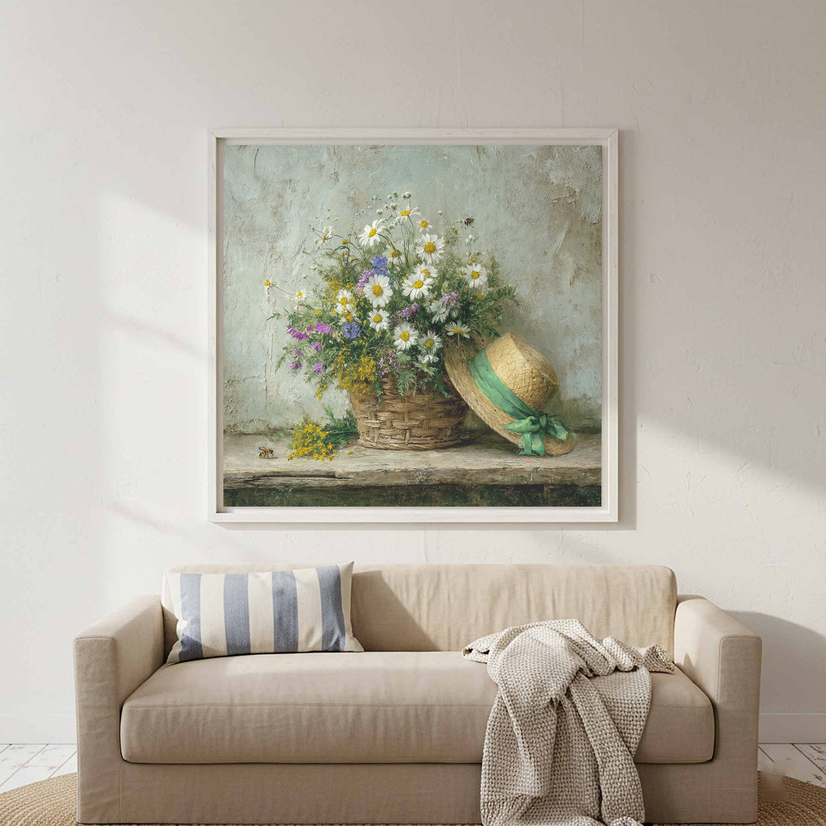 Rustic Wildflower Basket Canvas Art – styled room view 5
