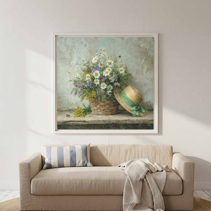 Rustic Wildflower Basket Canvas Art – styled room view 5