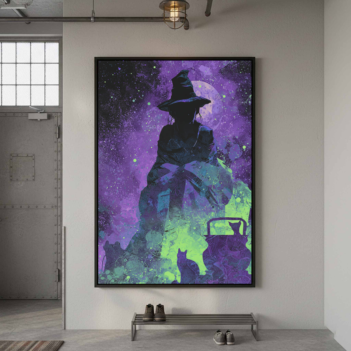 Witch Silhouette Digital Art Print – canvas print shown framed in a styled room