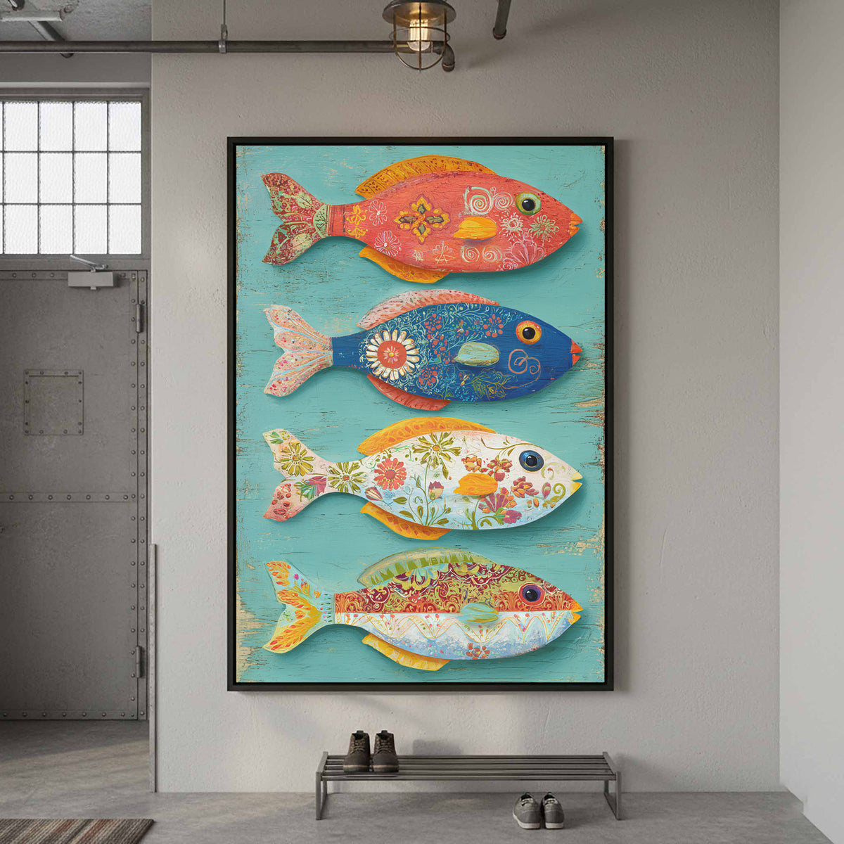 Colorful Folk Art Fish Wall Print – styled room view 4