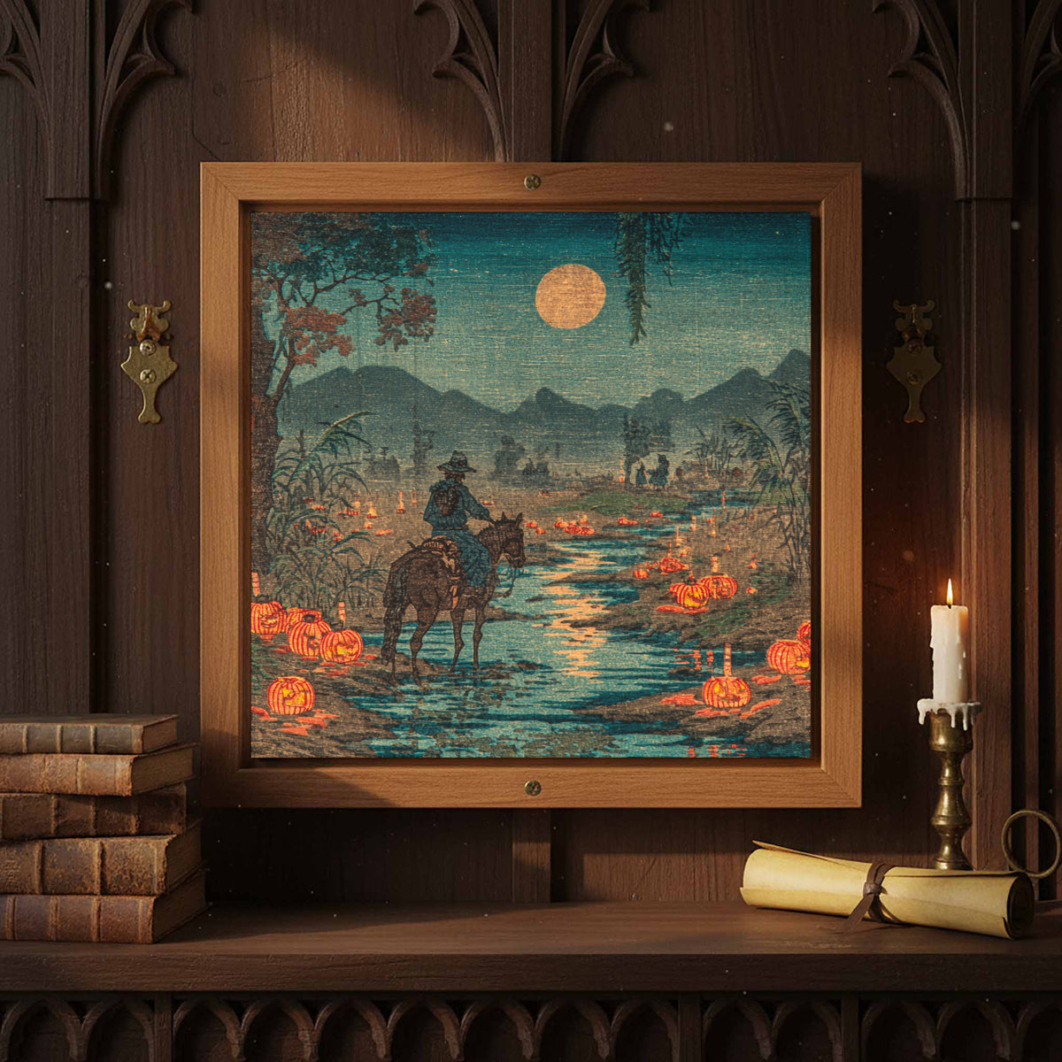 Cowboy Horse River Crossing Japanese Woodblock Print Wall Art – styled room view 2