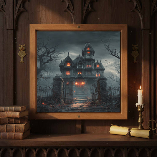 Victorian Haunted House Canvas Print – canvas print shown framed in a styled room