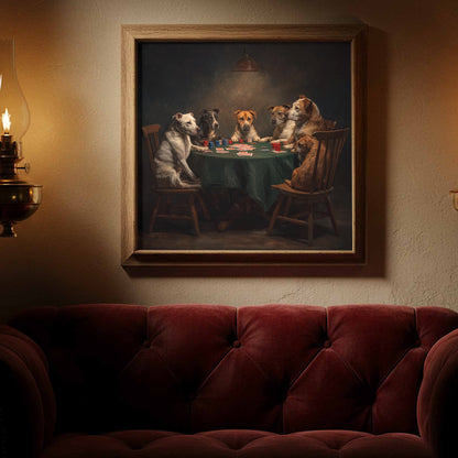 Dogs Playing Poker Canvas Wall Art – styled room view 3