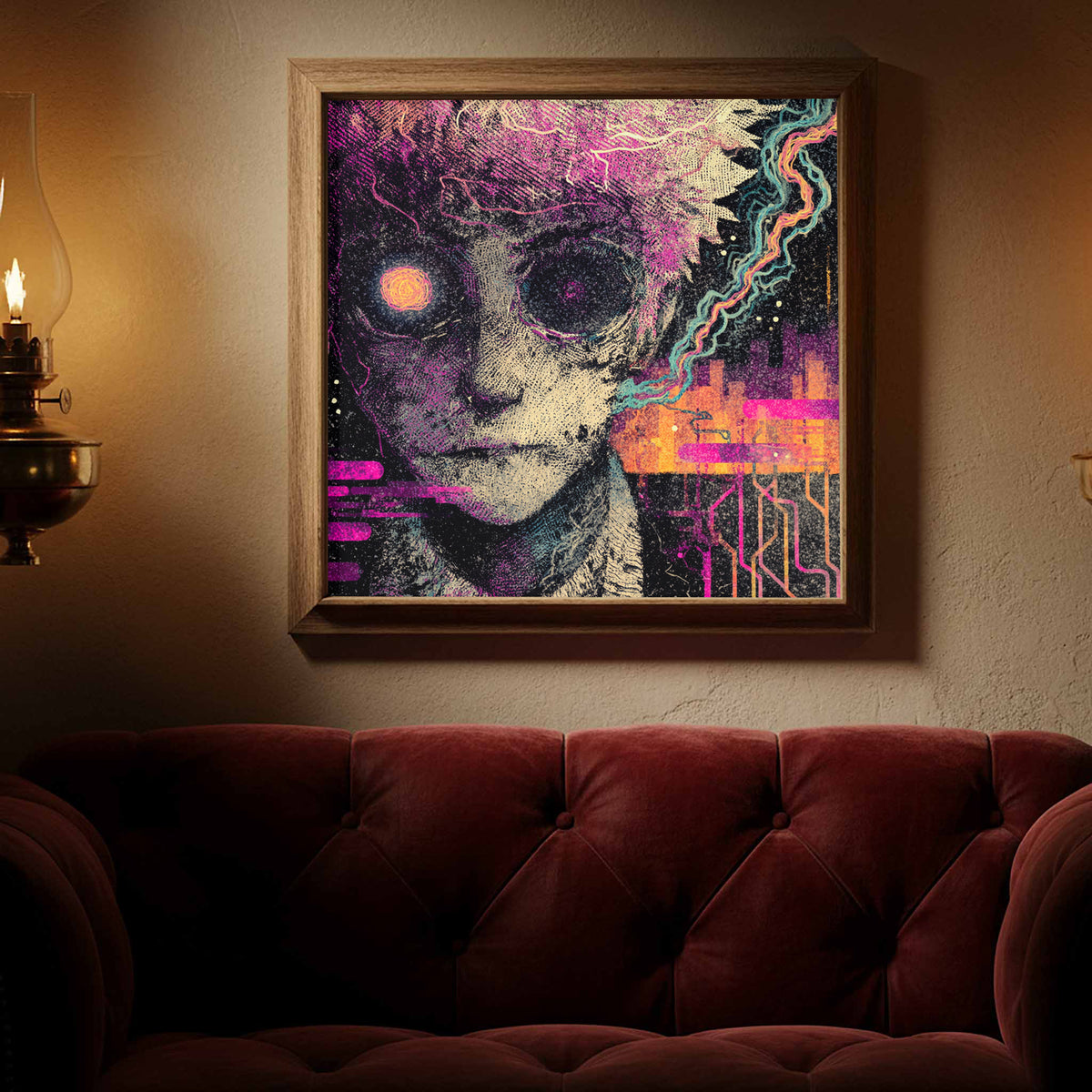 Surreal Cyberpunk Face Canvas Wall Art – styled room view 2