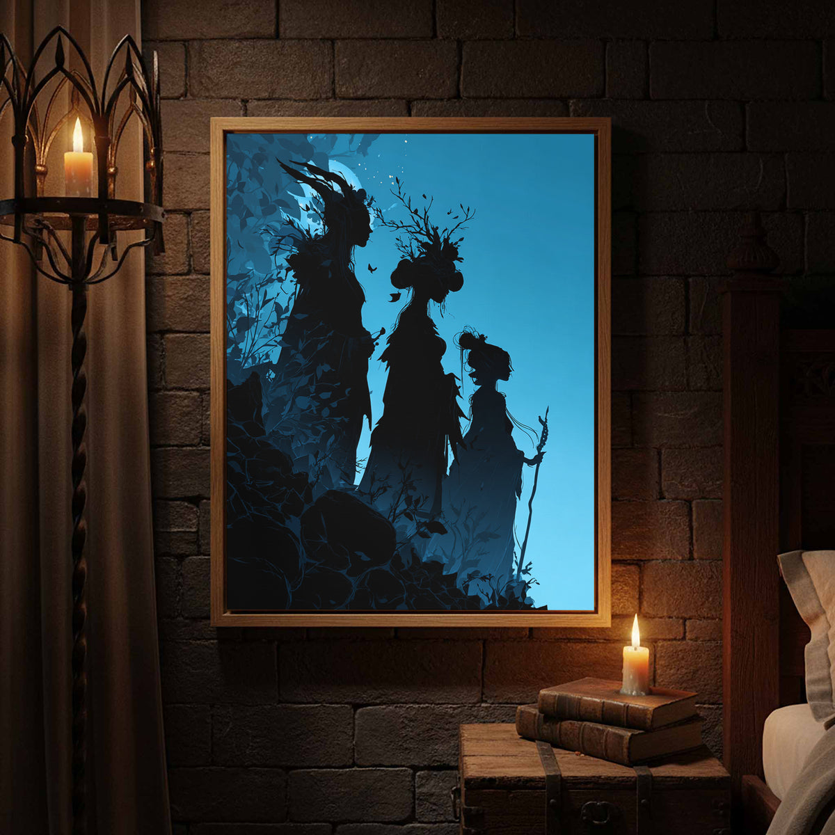 The Fates Silhouette Canvas Art – canvas print shown framed in a styled room
