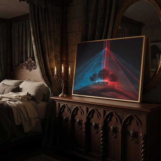 Futuristic Laser Tree Canvas Print – canvas print shown framed in a styled room