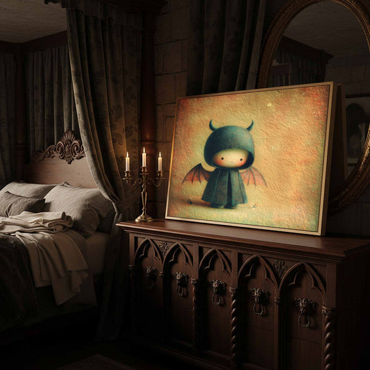 Little Devil Character Art Print – canvas print shown framed in a styled room