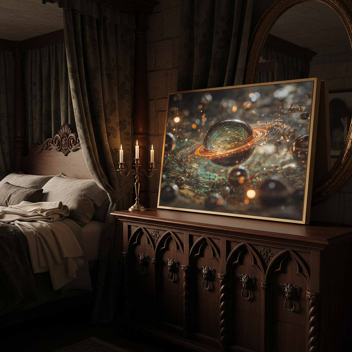 Abstract Saturn Planet Canvas Art – styled room view 2
