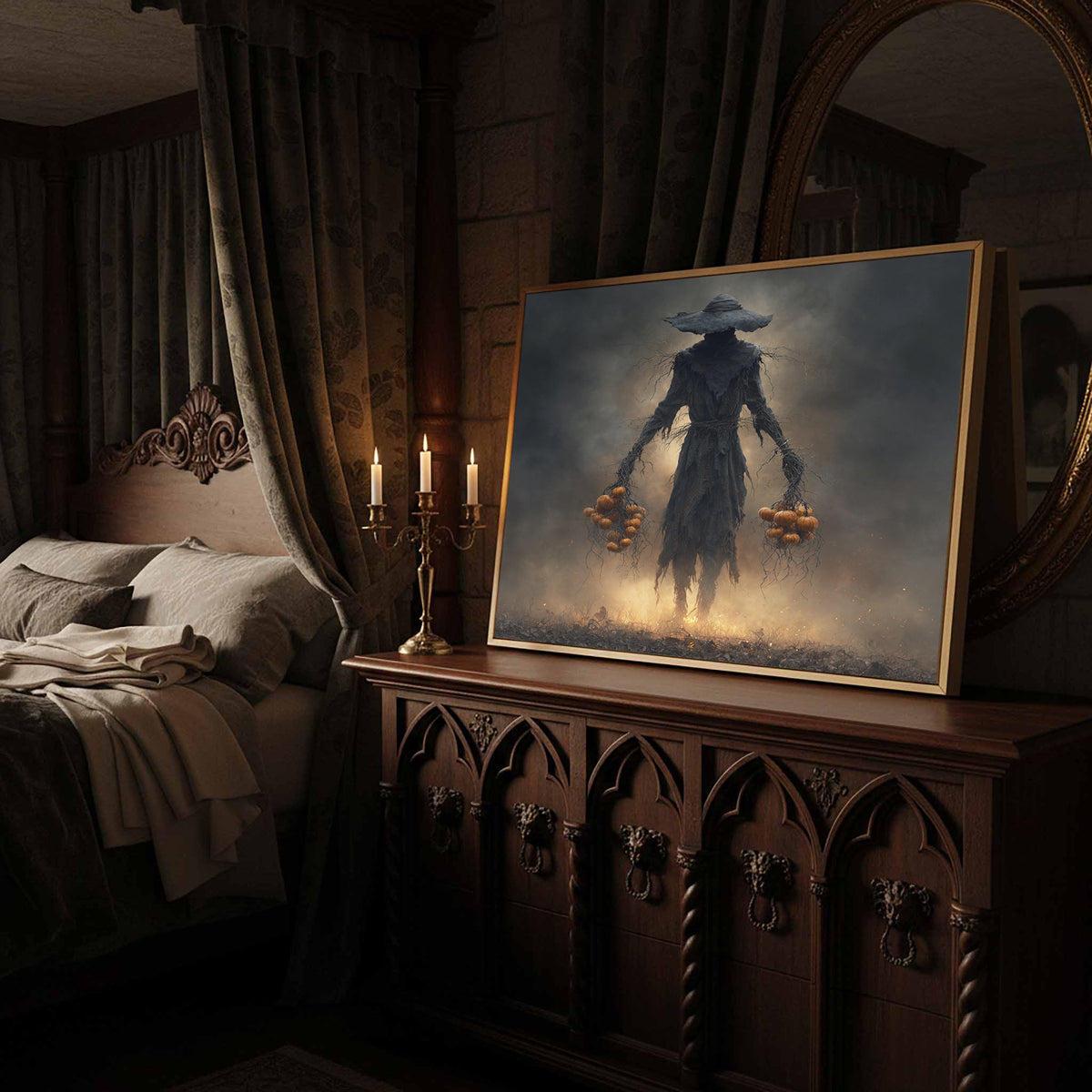 Dark Fantasy Scarecrow Canvas Art – canvas print shown framed in a styled room