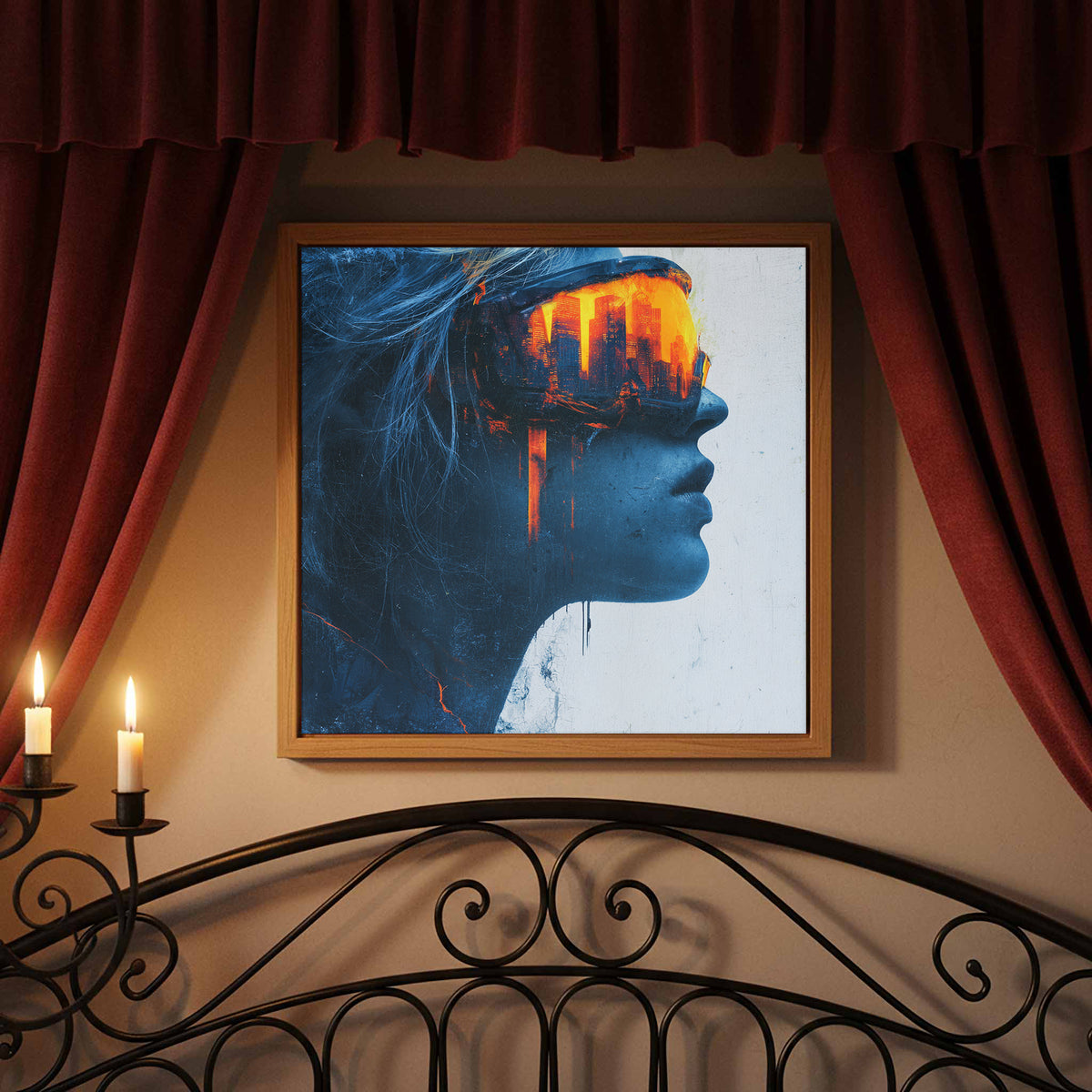 Futuristic Woman Portrait Canvas – canvas print shown framed in a styled room
