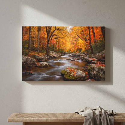 Autumn Forest Stream Canvas Wall Art – styled room view 4