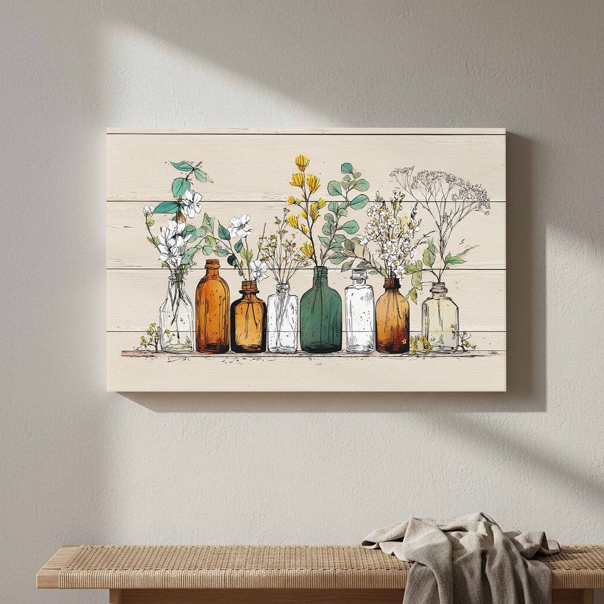 Botanical Glass Bottles Wall Art – styled room view 5