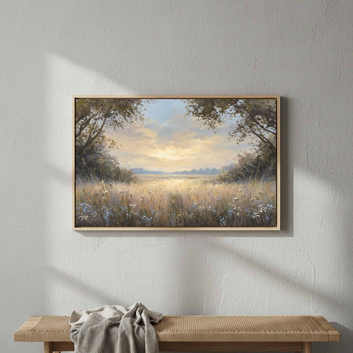 Sunlit Meadow Landscape Canvas Wall Art – styled room view 3