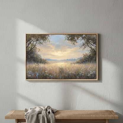 Sunlit Meadow Landscape Canvas Wall Art – styled room view 3
