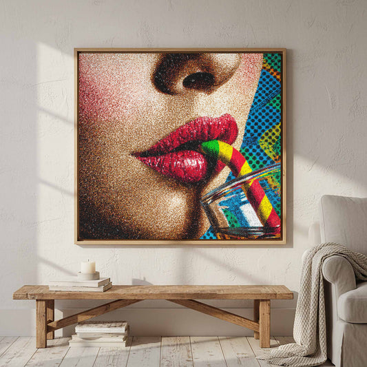 Pop Art Woman Portrait Print – canvas print shown framed in a styled room