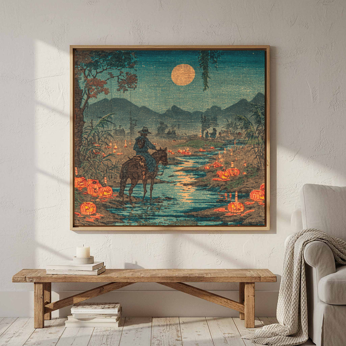 Cowboy Horse River Crossing Japanese Woodblock Print Wall Art – styled room view 3