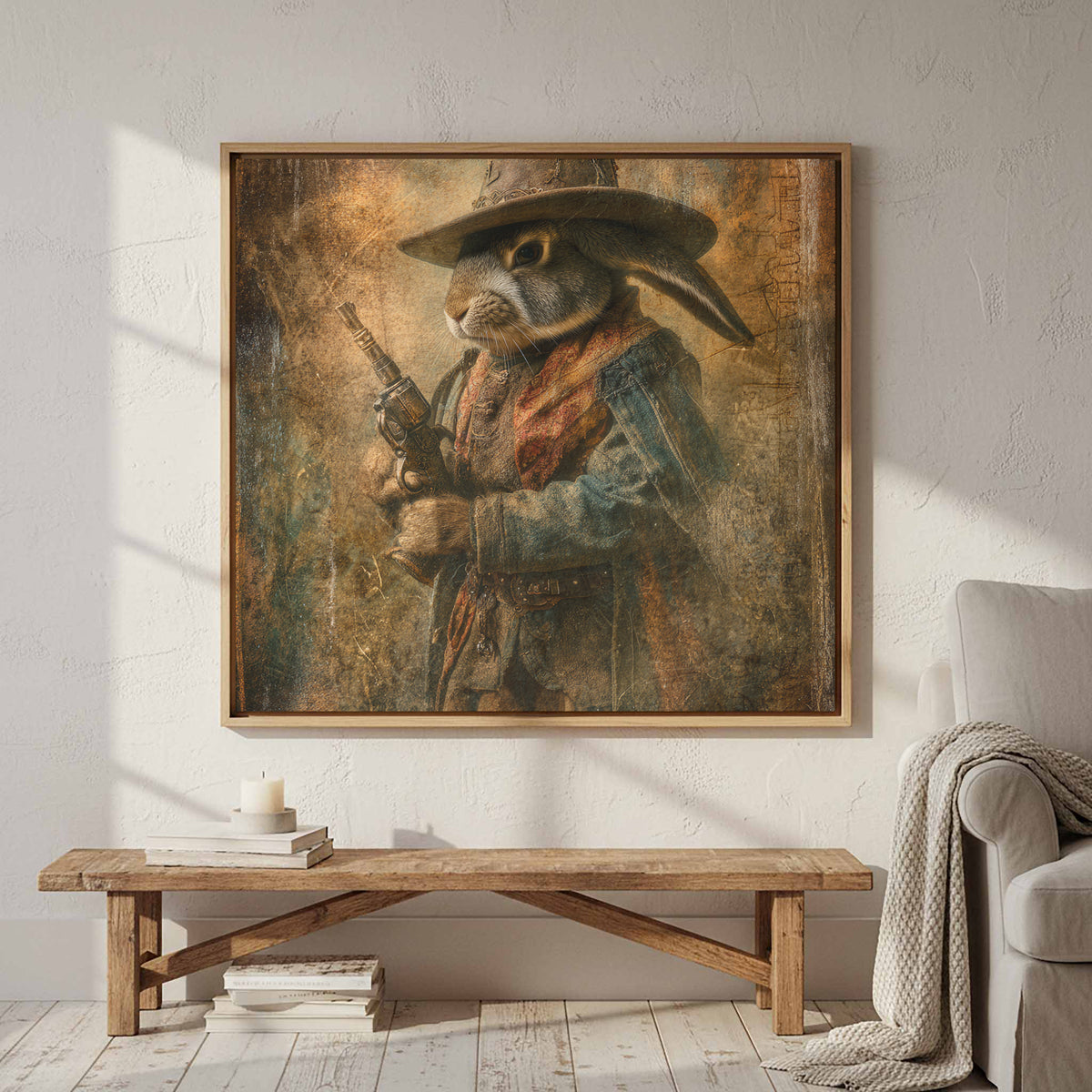Western Cowboy Rabbit Canvas Wall Art – styled room view 4