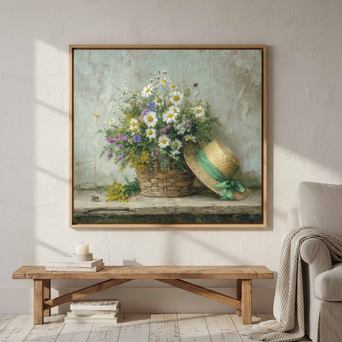 Rustic Wildflower Basket Canvas Art – styled room view 3