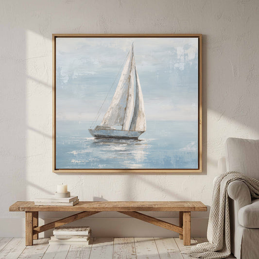 Minimalist Sailboat Canvas Wall Art – canvas print shown framed in a styled room