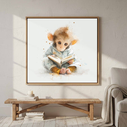 Baby Monkey Reading Wall Art – styled room view 3