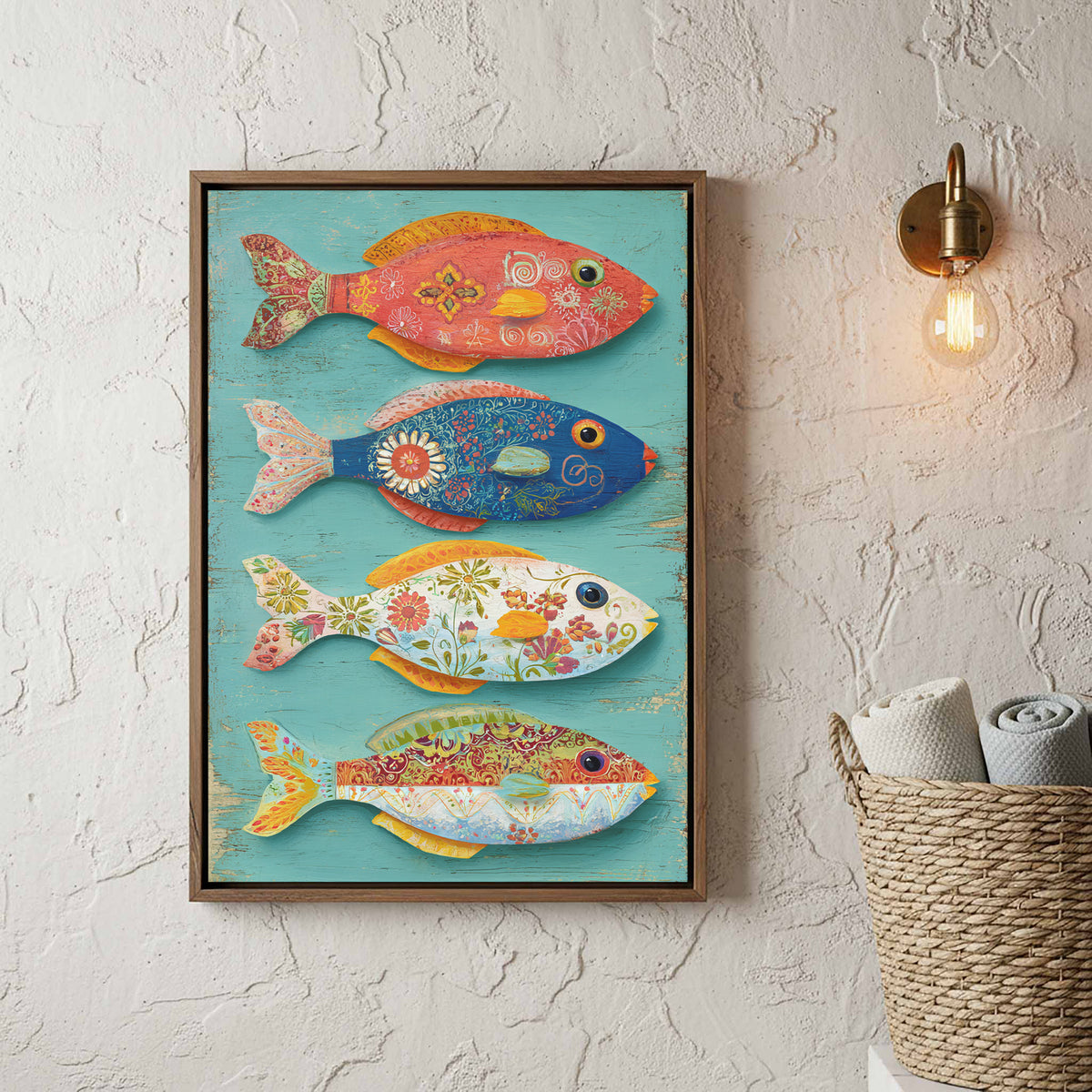 Colorful Folk Art Fish Wall Print – styled room view 3
