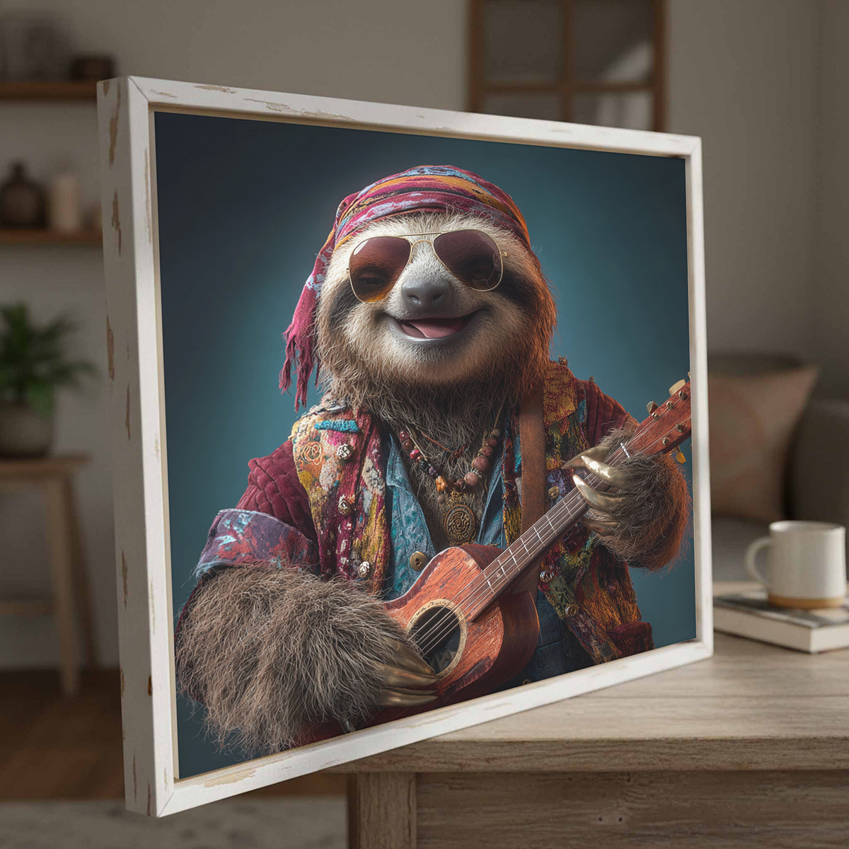 Hippie Sloth Guitar Canvas Art – styled room view 3