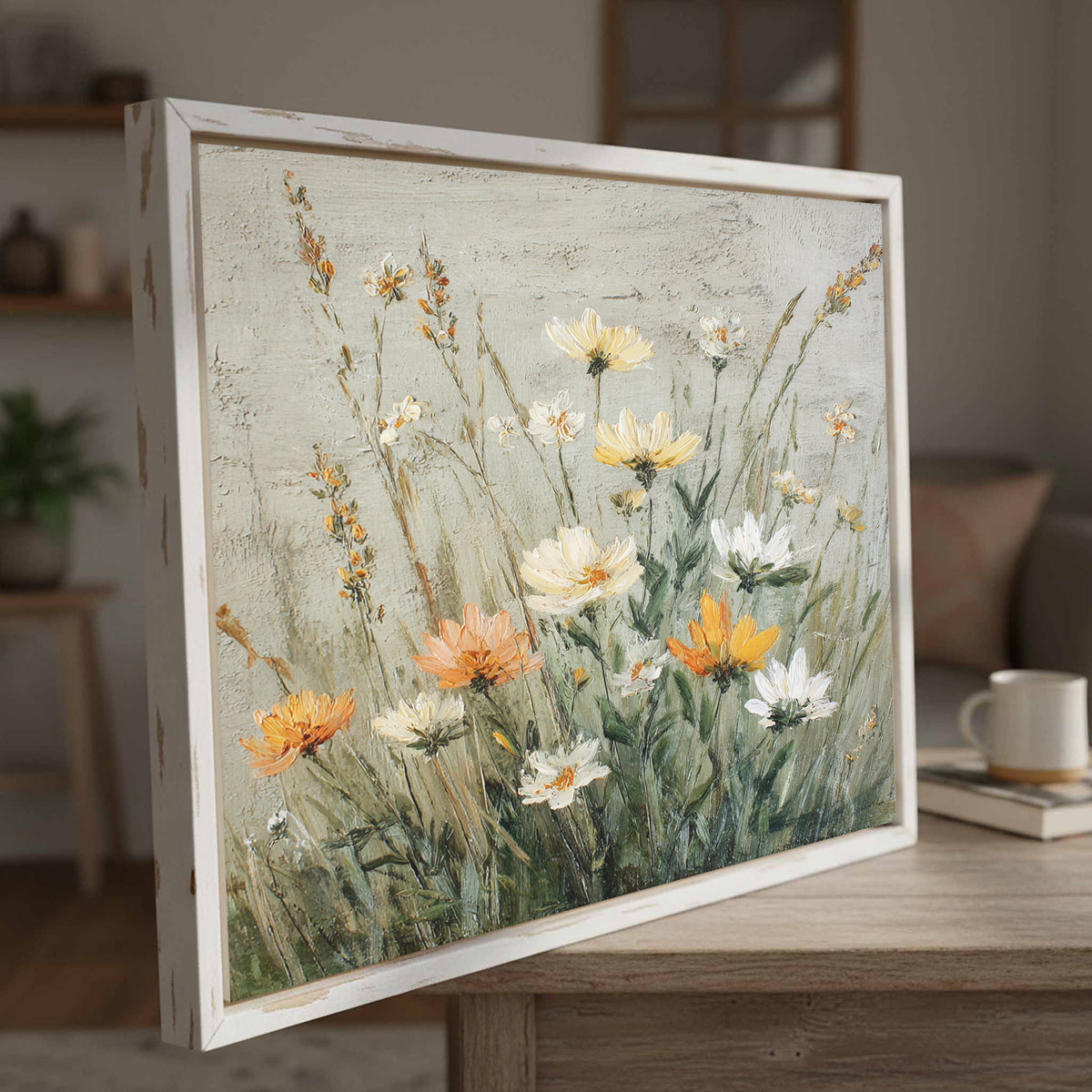 Vintage Wildflower Oil Painting Canvas Art – styled room view 3