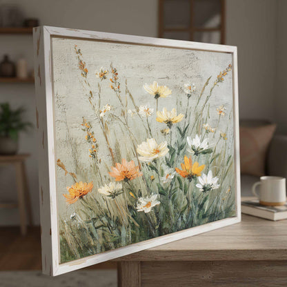 Vintage Wildflower Oil Painting Canvas Art – styled room view 3