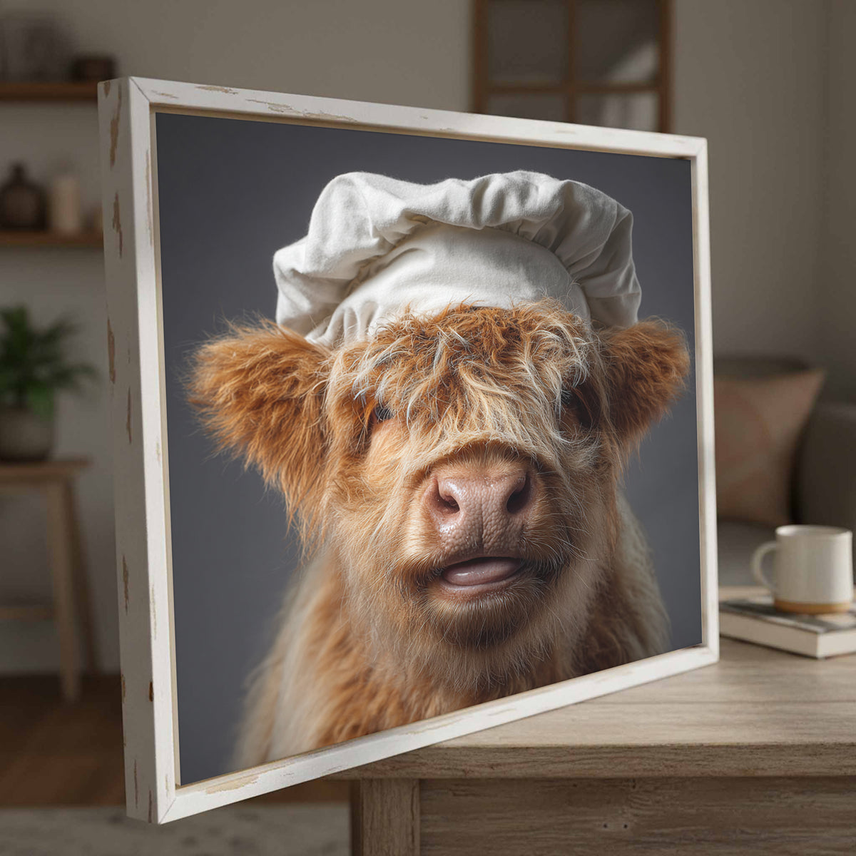 Highland Cow Chef Canvas Print – styled room view 3