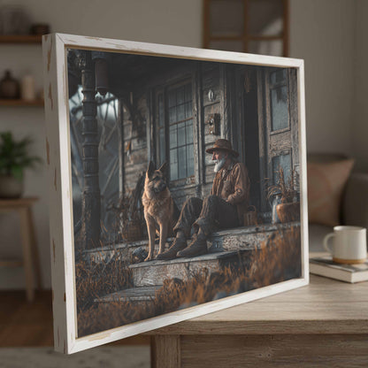 Old Man and Dog Porch Canvas Print – styled room view 5