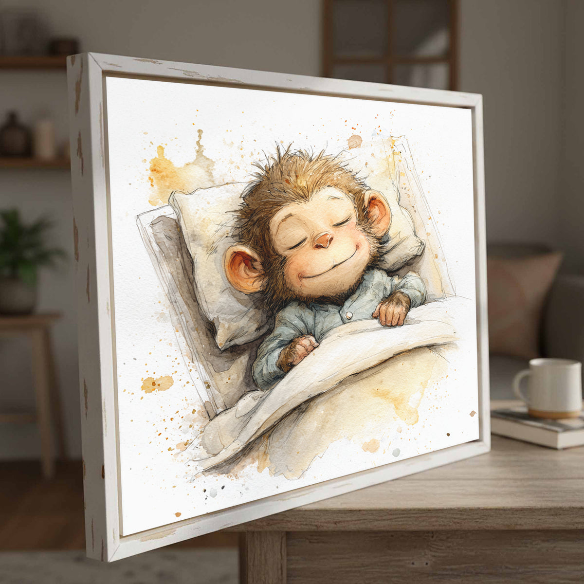 Sleeping Monkey Watercolor Print – styled room view 3