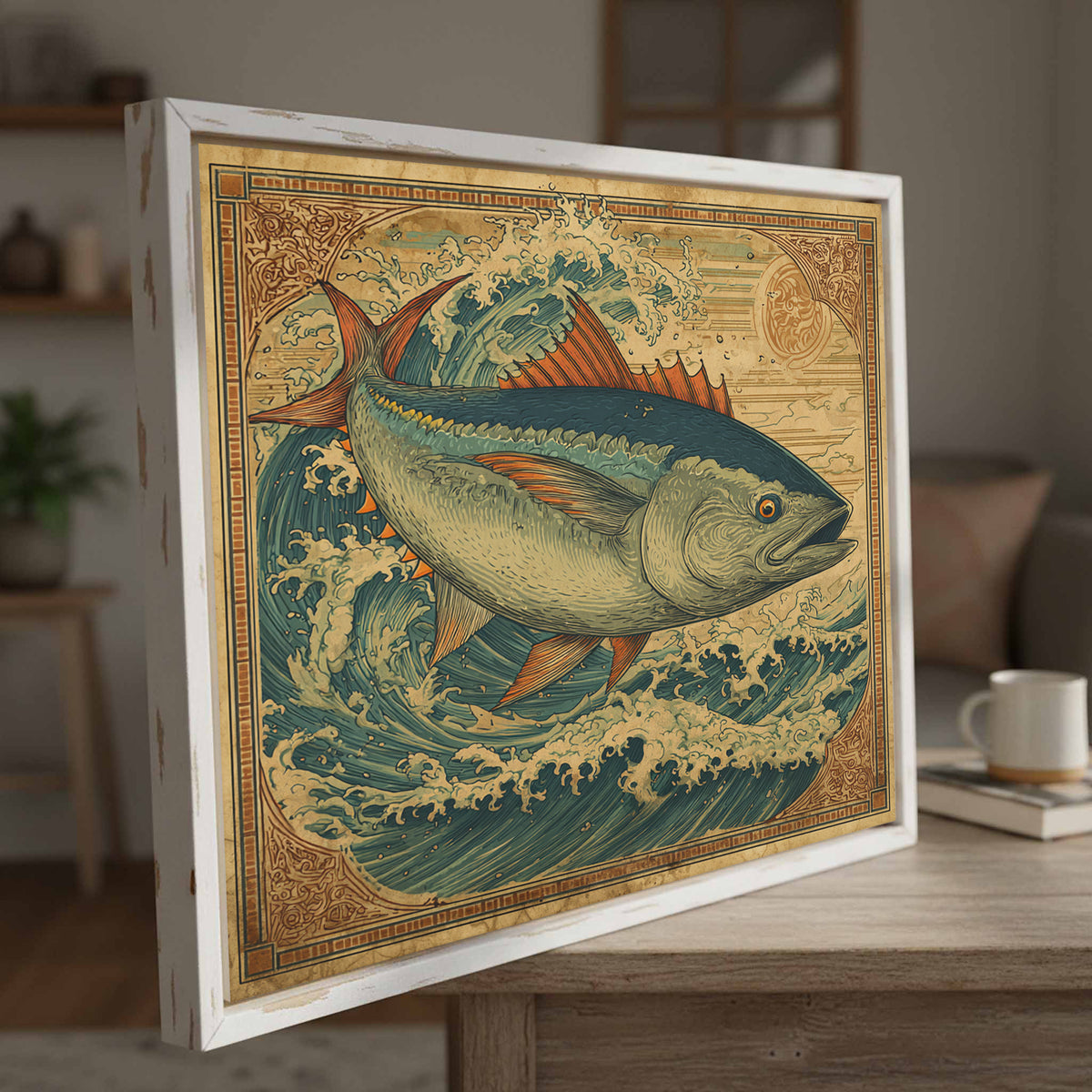 Vintage Tuna Ocean Wall Art – styled room view 4