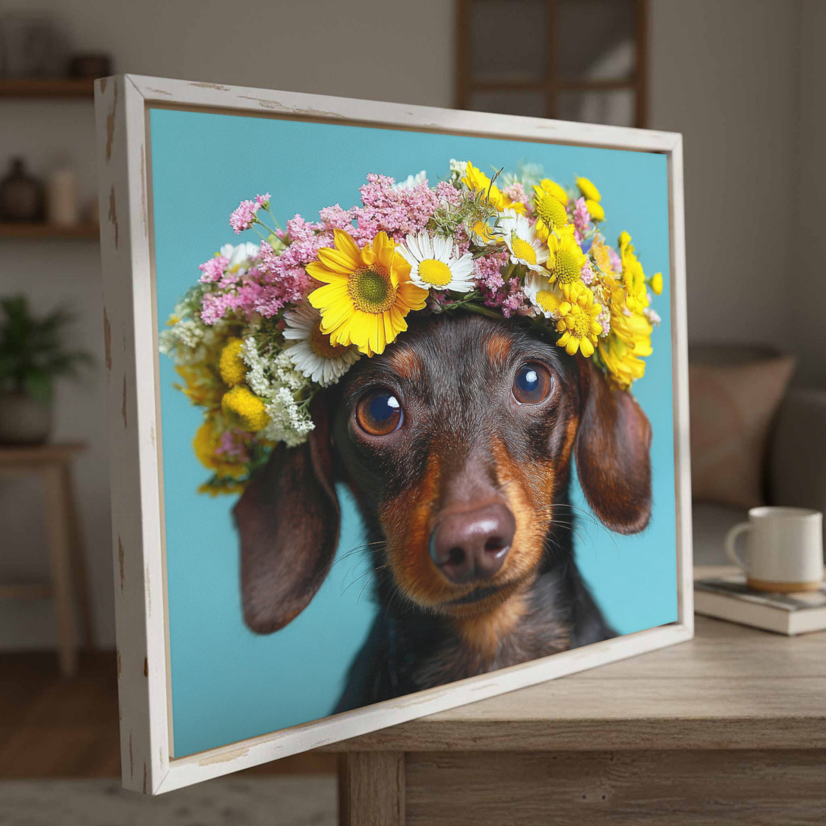 Dachshund Flower Crown Canvas Print – styled room view 5