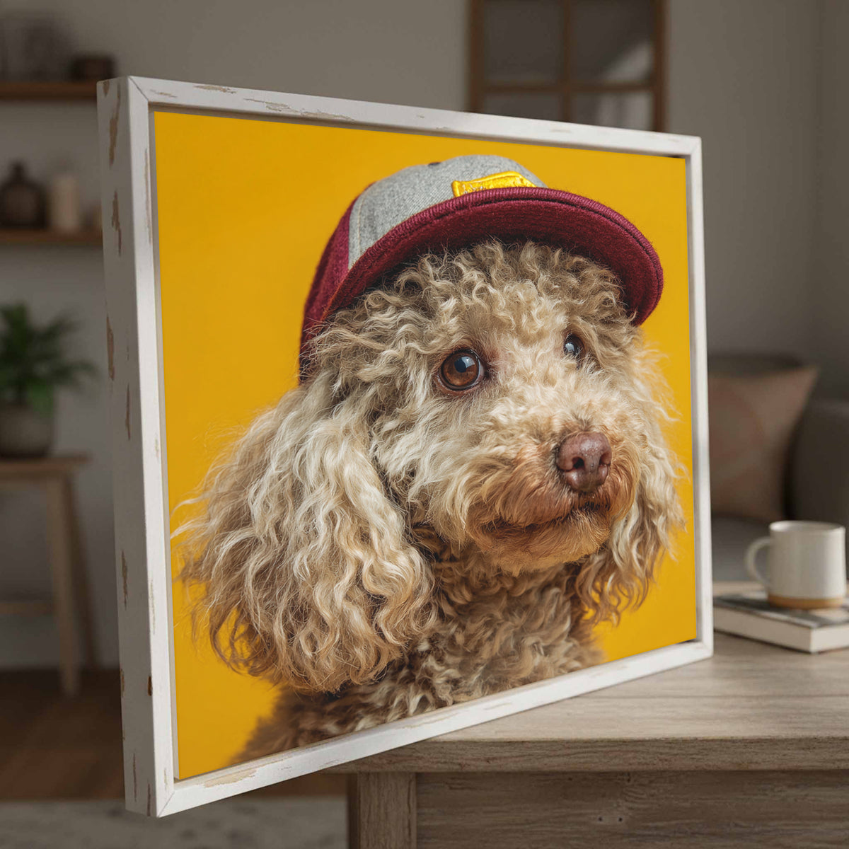 Poodle Baseball Cap Canvas Print – styled room view 2