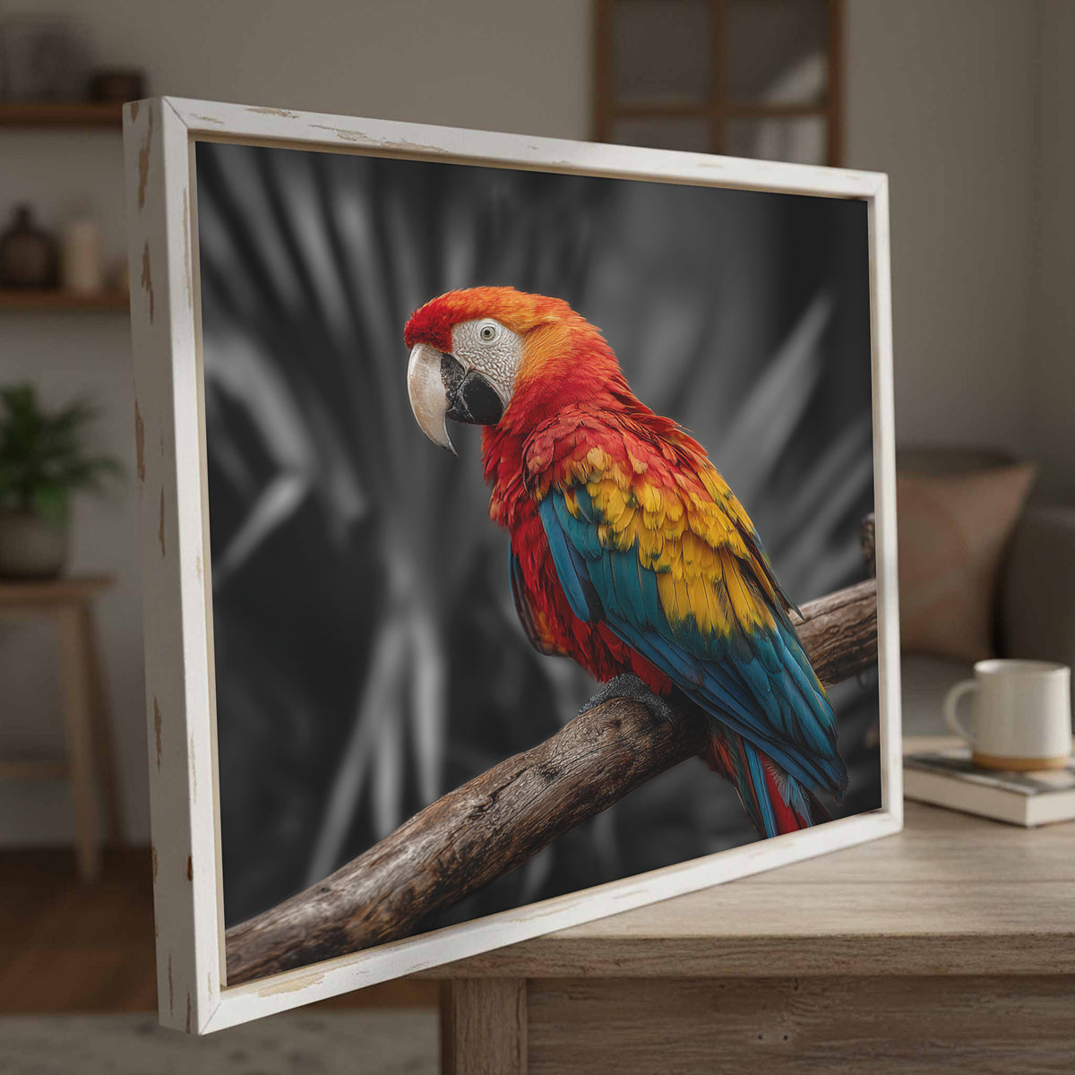 Scarlet Macaw Parrot Canvas Wall Art – styled room view 3