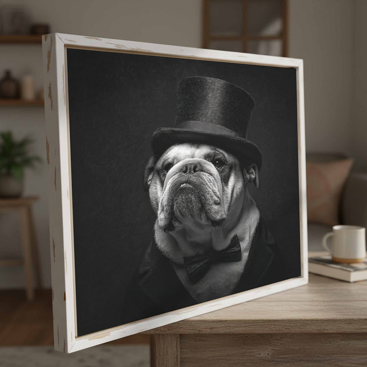 Bulldog Top Hat Canvas Print – styled room view 5