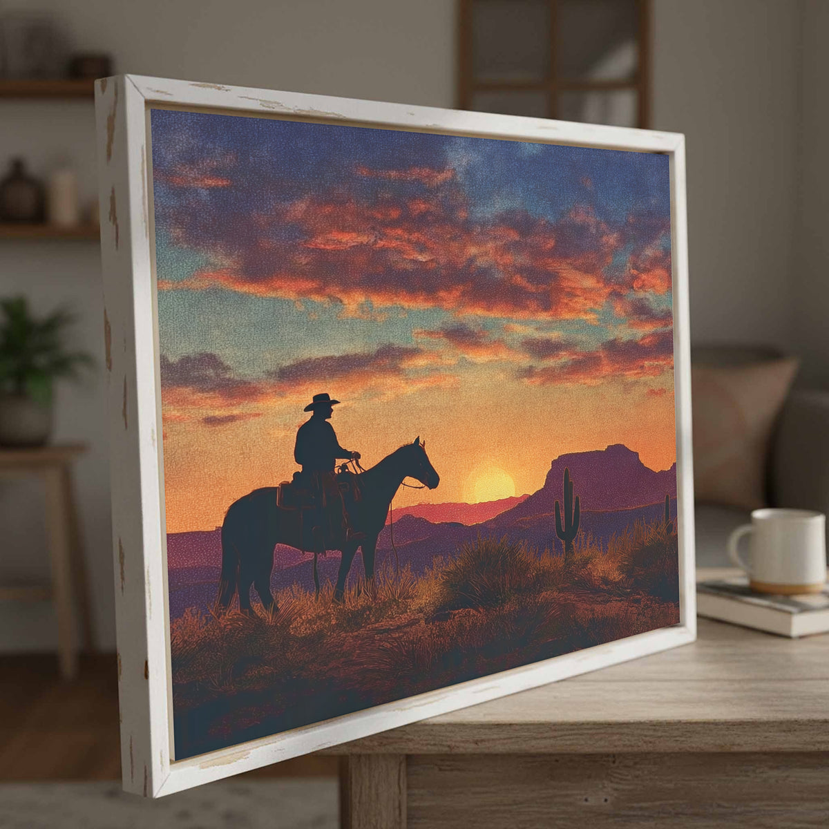 Western Cowboy Silhouette Canvas Art – styled room view 4