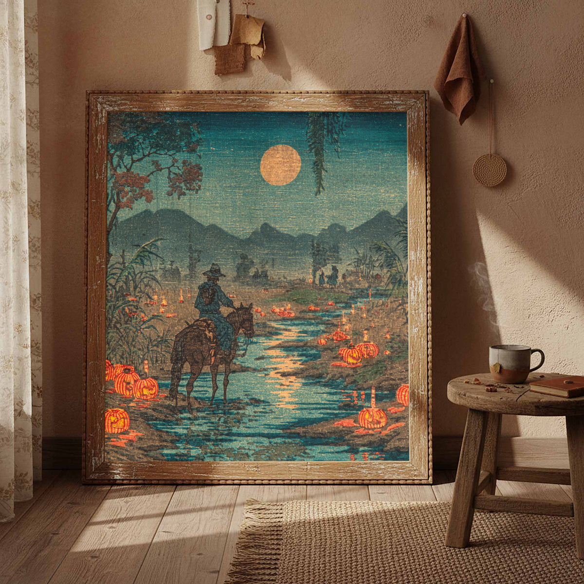 Cowboy Horse River Crossing Japanese Woodblock Print Wall Art – styled room view 4