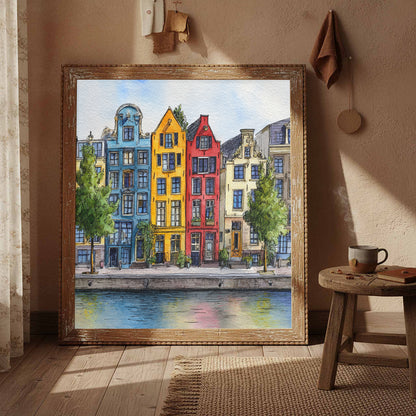 Amsterdam Canal Houses Watercolor Print – styled room view 2