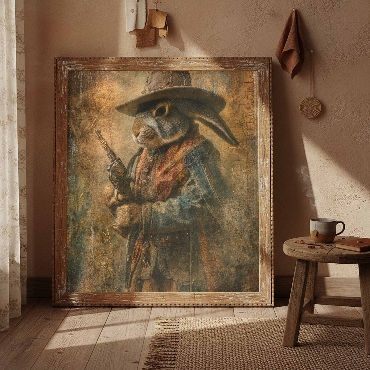 Western Cowboy Rabbit Canvas Wall Art – styled room view 5