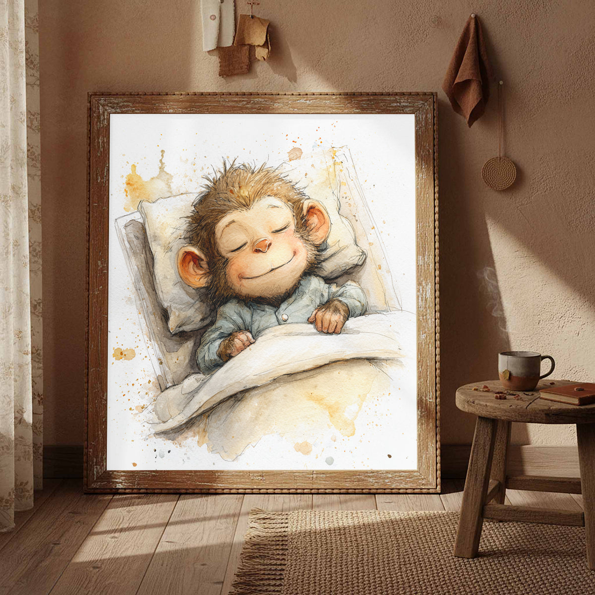 Sleeping Monkey Watercolor Print – styled room view 4