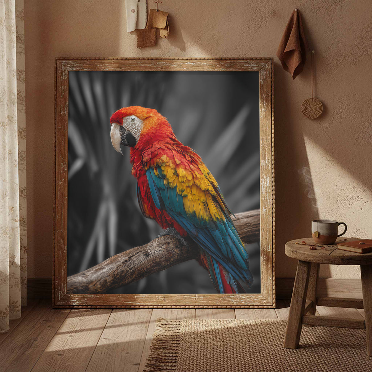 Scarlet Macaw Parrot Canvas Wall Art – styled room view 4