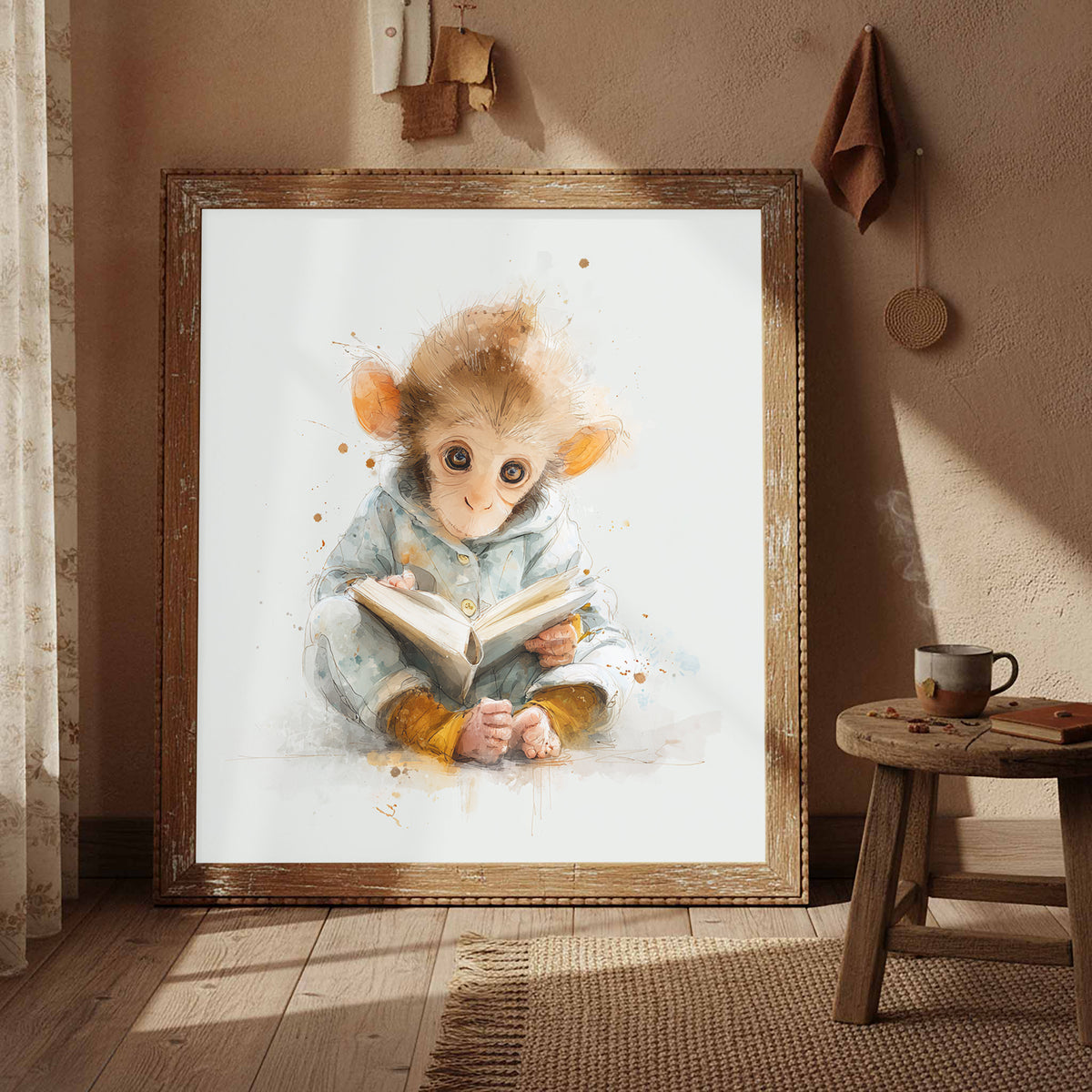Baby Monkey Reading Wall Art – styled room view 4