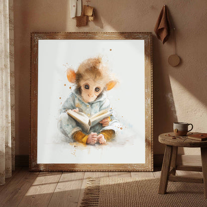 Baby Monkey Reading Wall Art – styled room view 4