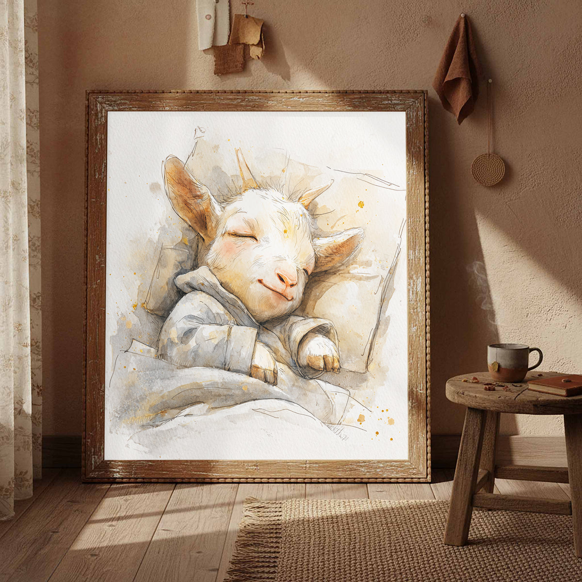 Sleeping Baby Goat Canvas Art – styled room view 4