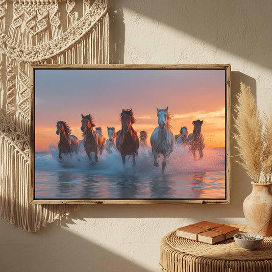 Wild Horses Ocean Sunset Canvas Wall Art – canvas print shown framed in a styled room