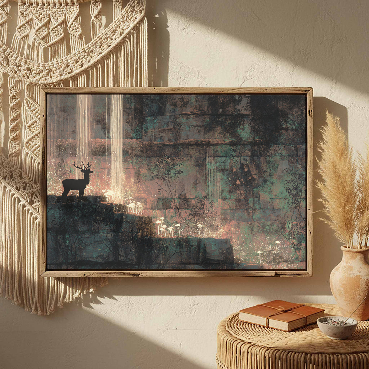 Cave Art Deer Silhouette Print – styled room view 4